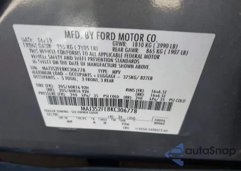 2019 Ford Ecosport S из США, поврежденный, VIN MAJ3S2FE8KC306778